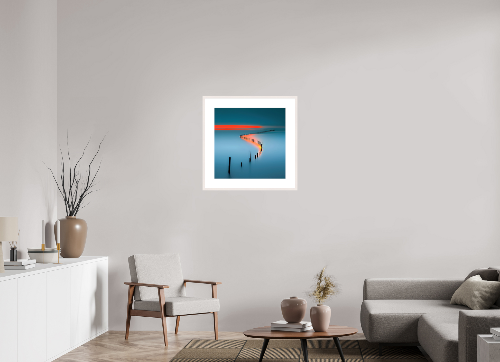 60 x 60 cm, Fine Art Print gerahmt Lichtweg im Watt