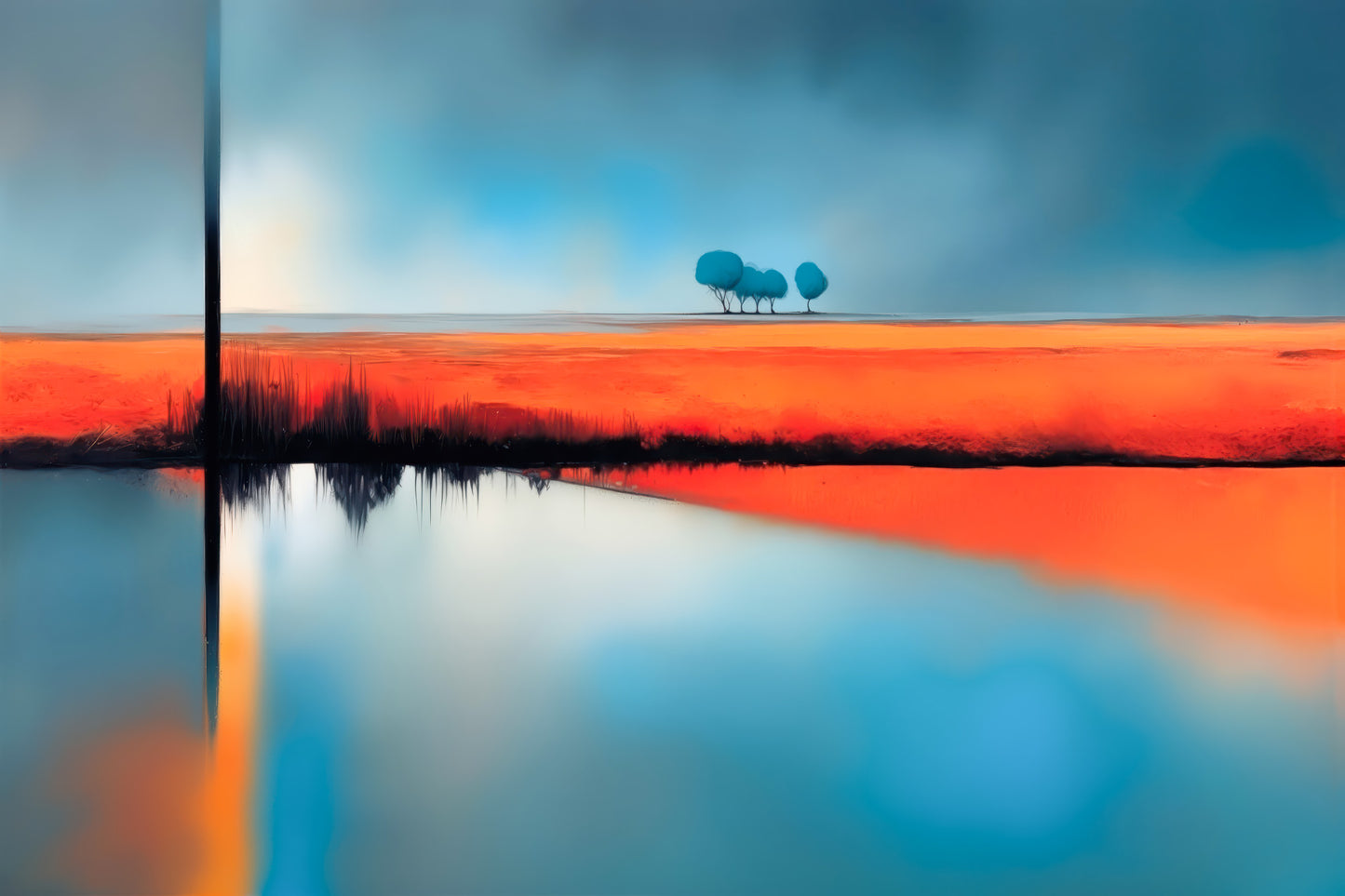 Blauer Halt am roten Ufer—Wandkunst, Fine Art Print, Leinwand, Acryldruck, Alu-Dibond