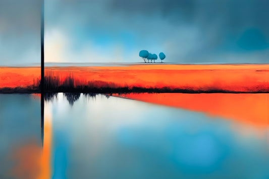 Blauer Halt am roten Ufer—Wandkunst, Fine Art Print, Leinwand, Acryldruck, Alu-Dibond