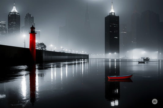 Harbor City at Night -noir city- 01—Wall Art, Fine Art Print, Canvas, Acrylic Print, Alu-Dibond