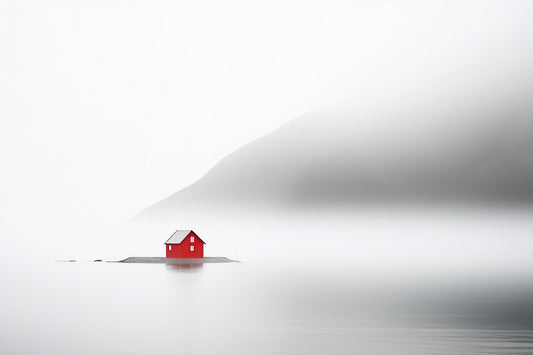 Leinwandbild 'Im Küstennebel ein Zuhause' – Rotes Haus umgeben von der Stille des Wassers