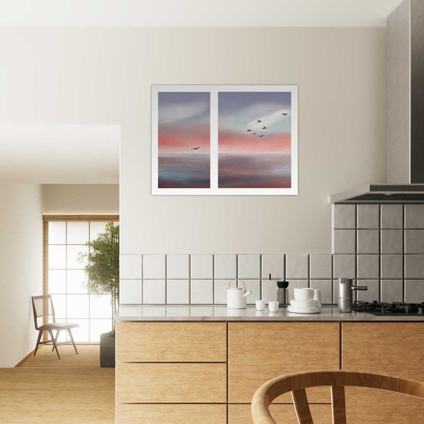 Wall mural Birds on the coast abstract-01, poster made of matte paper in museum quality, unframed