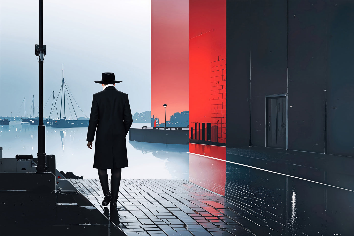 Mann in Hafenstadt -noir city- 01—Wandkunst, Fine Art Print, Leinwand, Acryldruck, Alu-Dibond