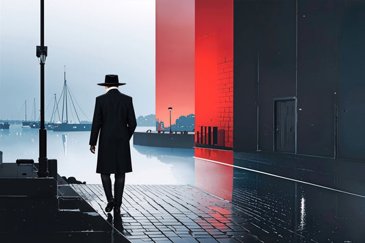 Mann in Hafenstadt -noir city- 01—Wandkunst, Fine Art Print, Leinwand, Acryldruck, Alu-Dibond