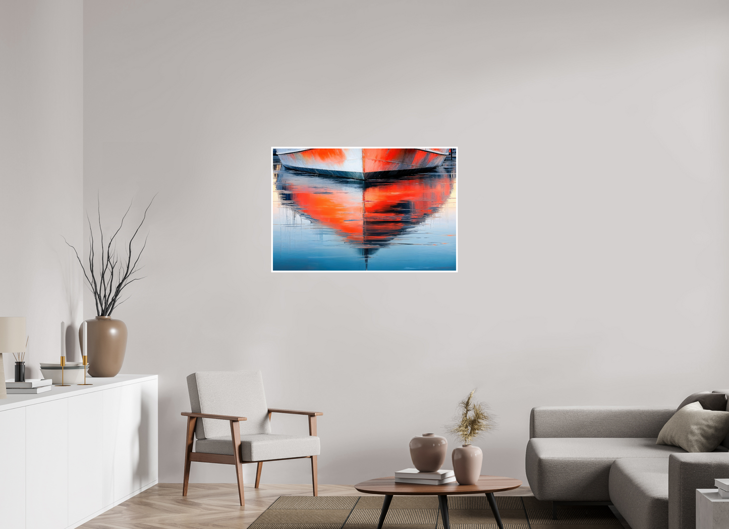 105 x 70 cm, Fine Art Print Hahnemühle Baryta Wasserspiegelung Bootsrumpf-01—Wandkunst, Fine Art Print, Leinwand, Acryldruck, Alu-Dibond