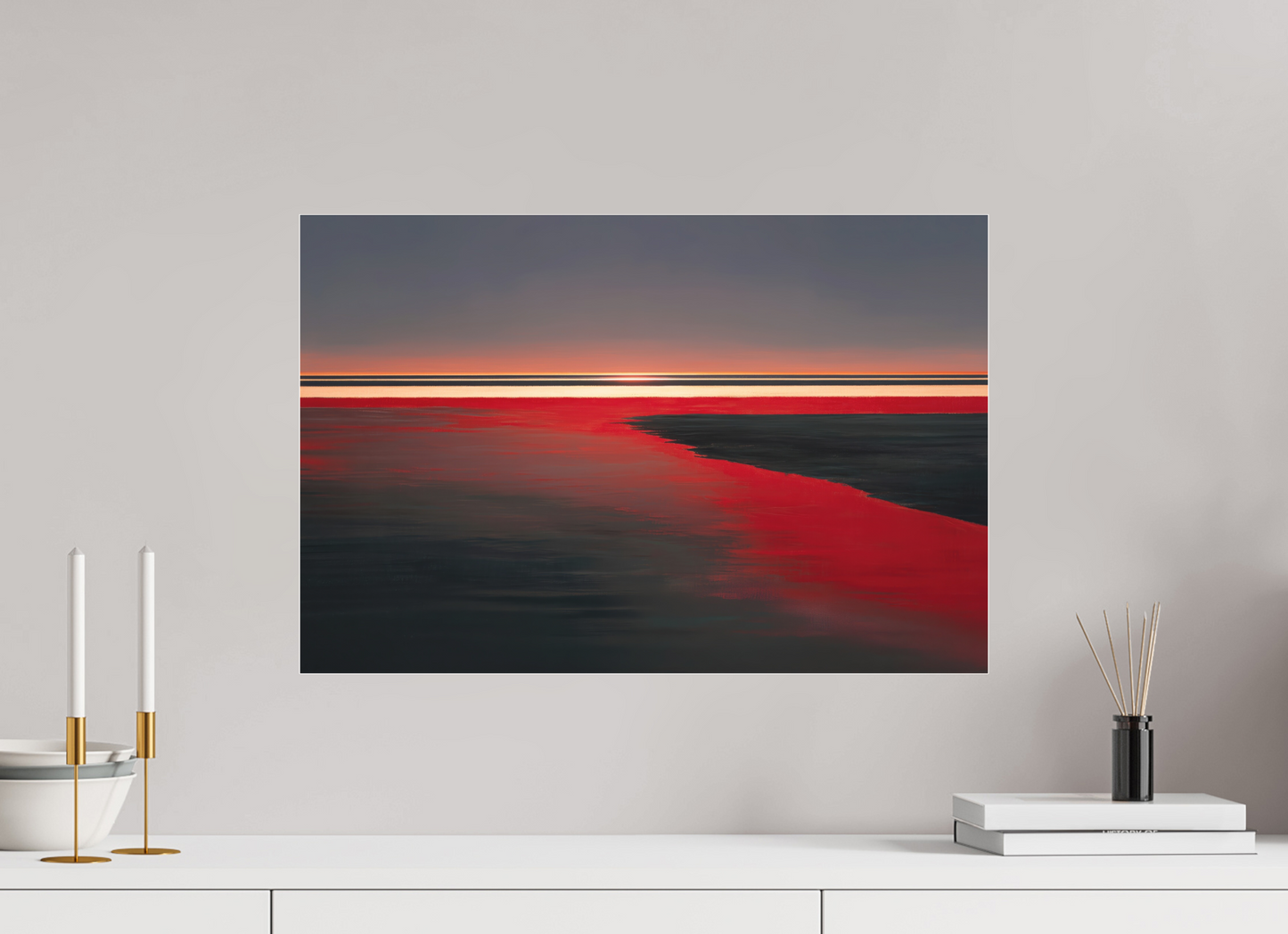 60 x 40 cm, Fine Art Pigmentdruck hinter Acrylglas Roter Spiegel des Watts, Abstraktes, surreales Wandbild zeigt die Magie des Wattenmeeres