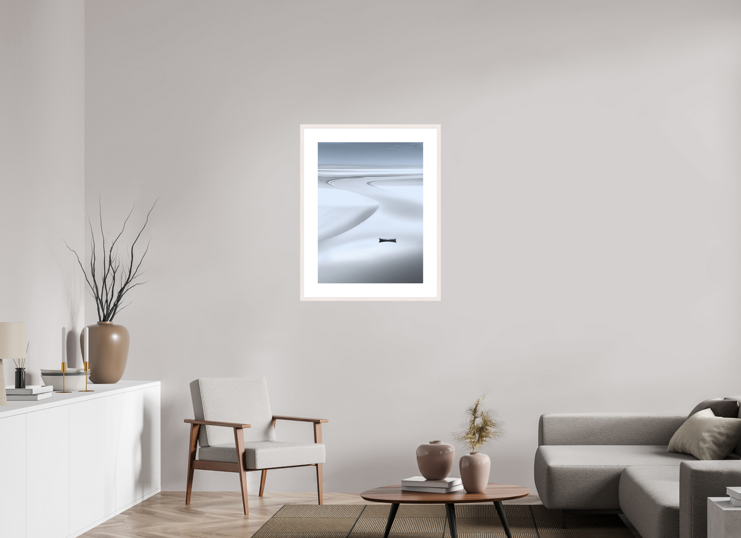60 x 80 cm, Fine Art Print gerahmt Boot im Wattenmeer