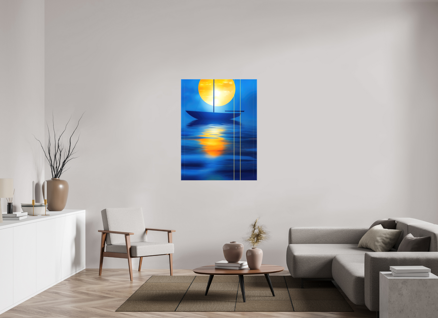90 x 120 cm, Leinwand glänzend Segel im goldenen Kreis—Wandkunst, Fine Art Print, Leinwand, Acryldruck, Alu-Dibond