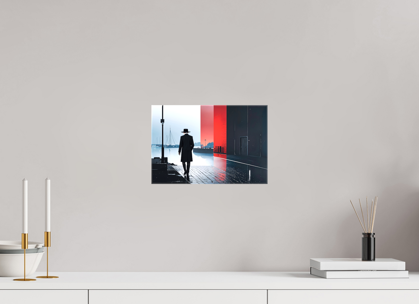 30 x 20 cm, Leinwand glänzend Mann in Hafenstadt -noir city- 01