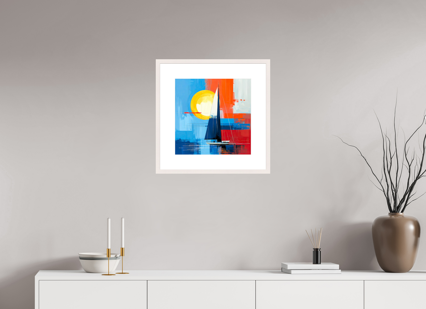 40 x 40 cm, Fine Art Print gerahmt Segelboot-Kunst – Licht, Farbe und Bewegung