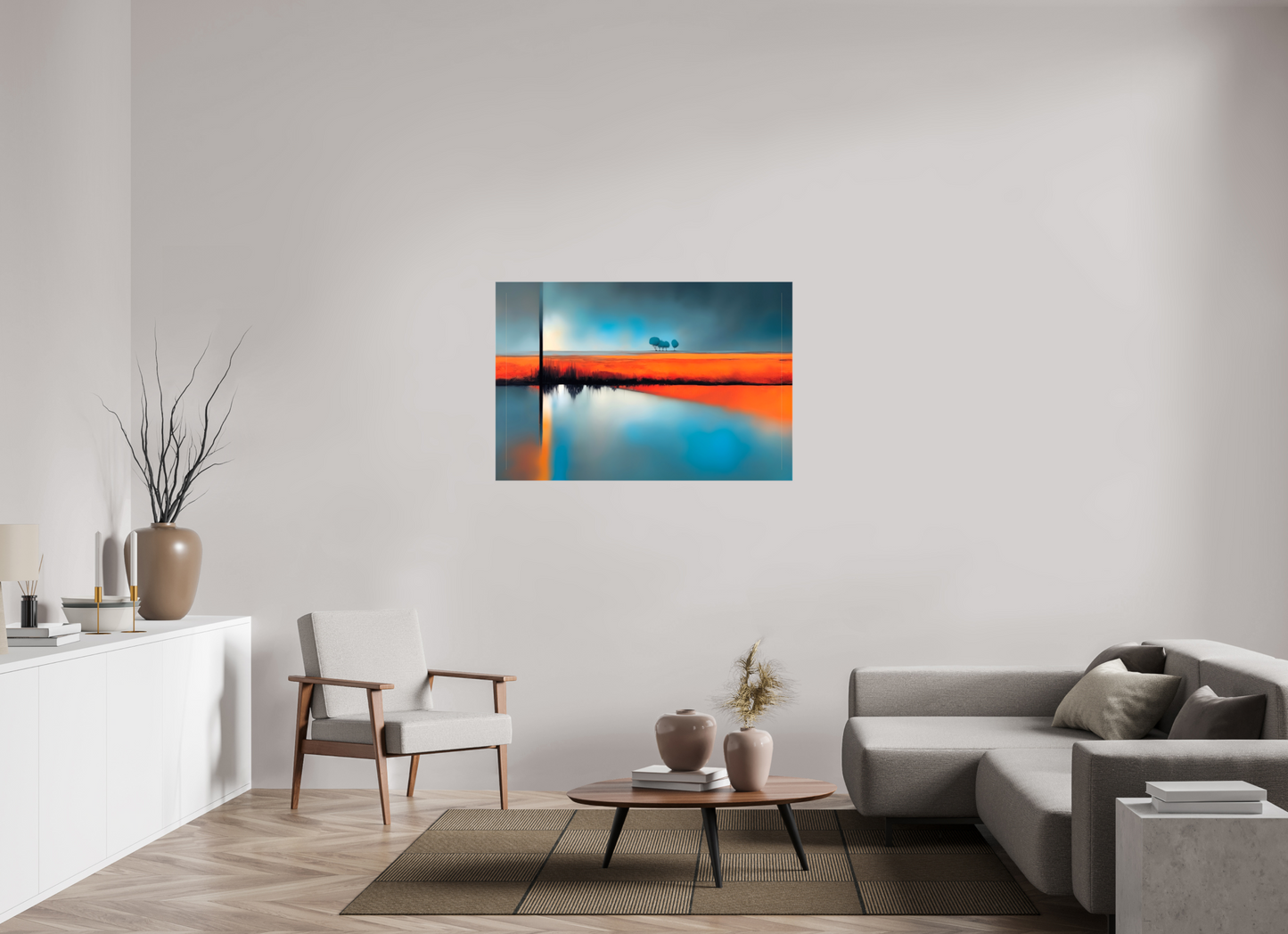 120 x 80 cm, Leinwand glänzend Blauer Halt am roten Ufer—Wandkunst, Fine Art Print, Leinwand, Acryldruck, Alu-Dibond