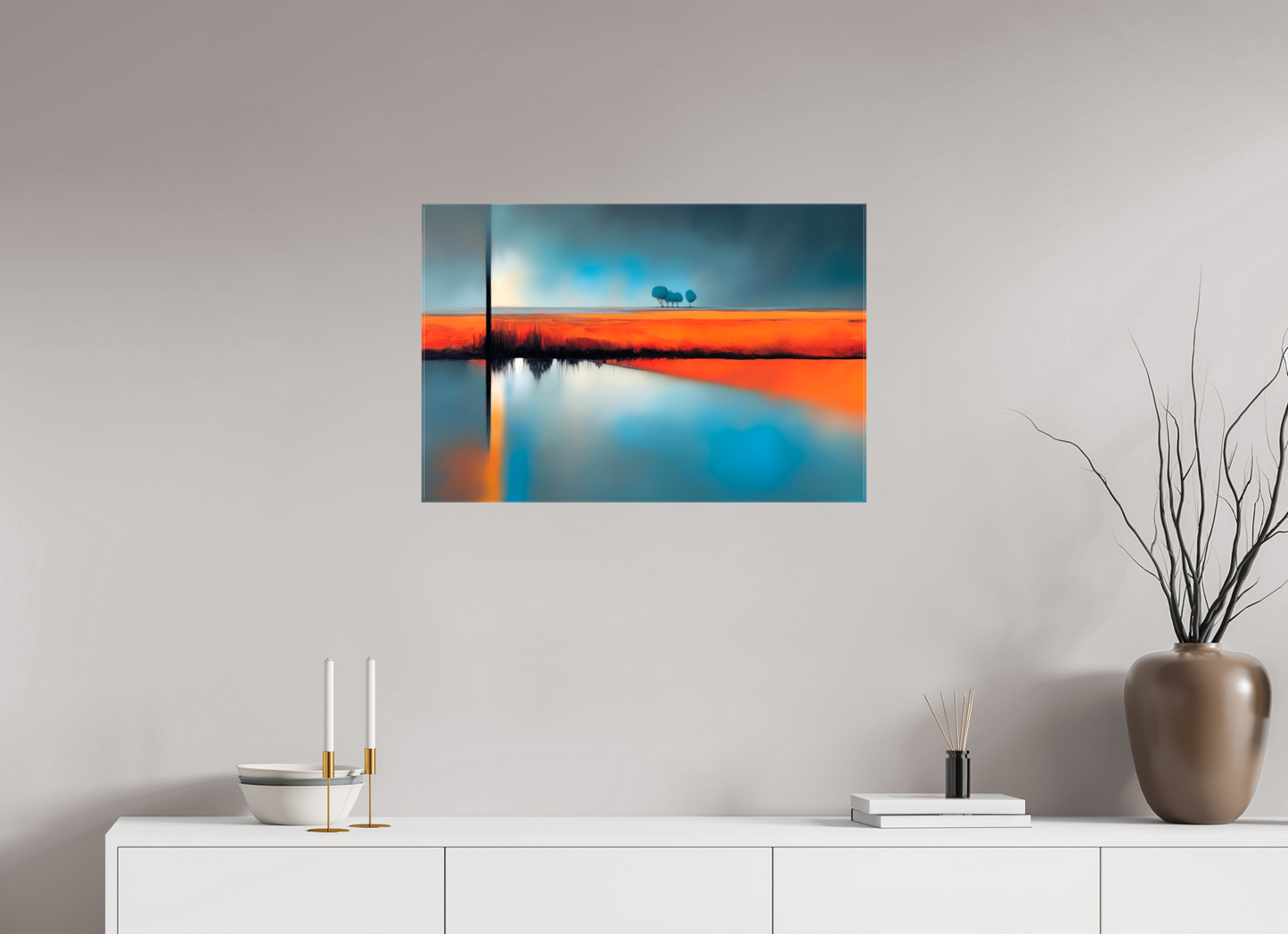 75 x 50 cm, Leinwand glänzend Blauer Halt am roten Ufer—Wandkunst, Fine Art Print, Leinwand, Acryldruck, Alu-Dibond