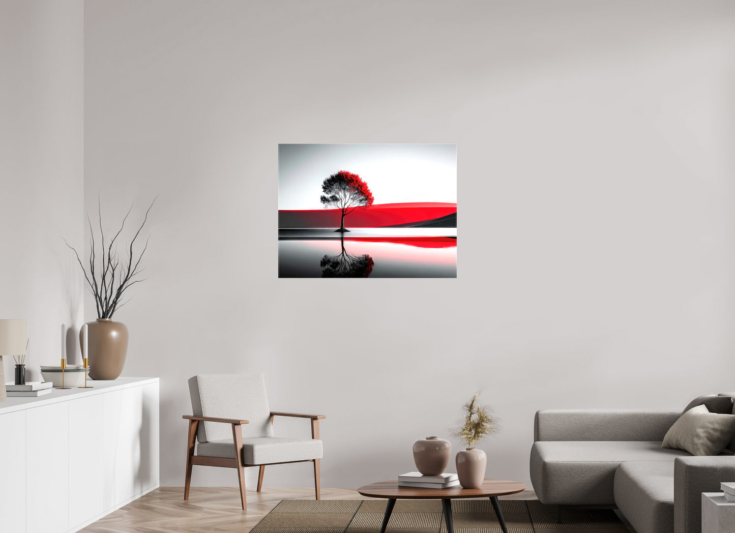 100 x 75 cm, Leinwand glänzend Baum am Ufer surreal-01—Wandkunst, Fine Art Print, Leinwand, Acryldruck, Alu-Dibond