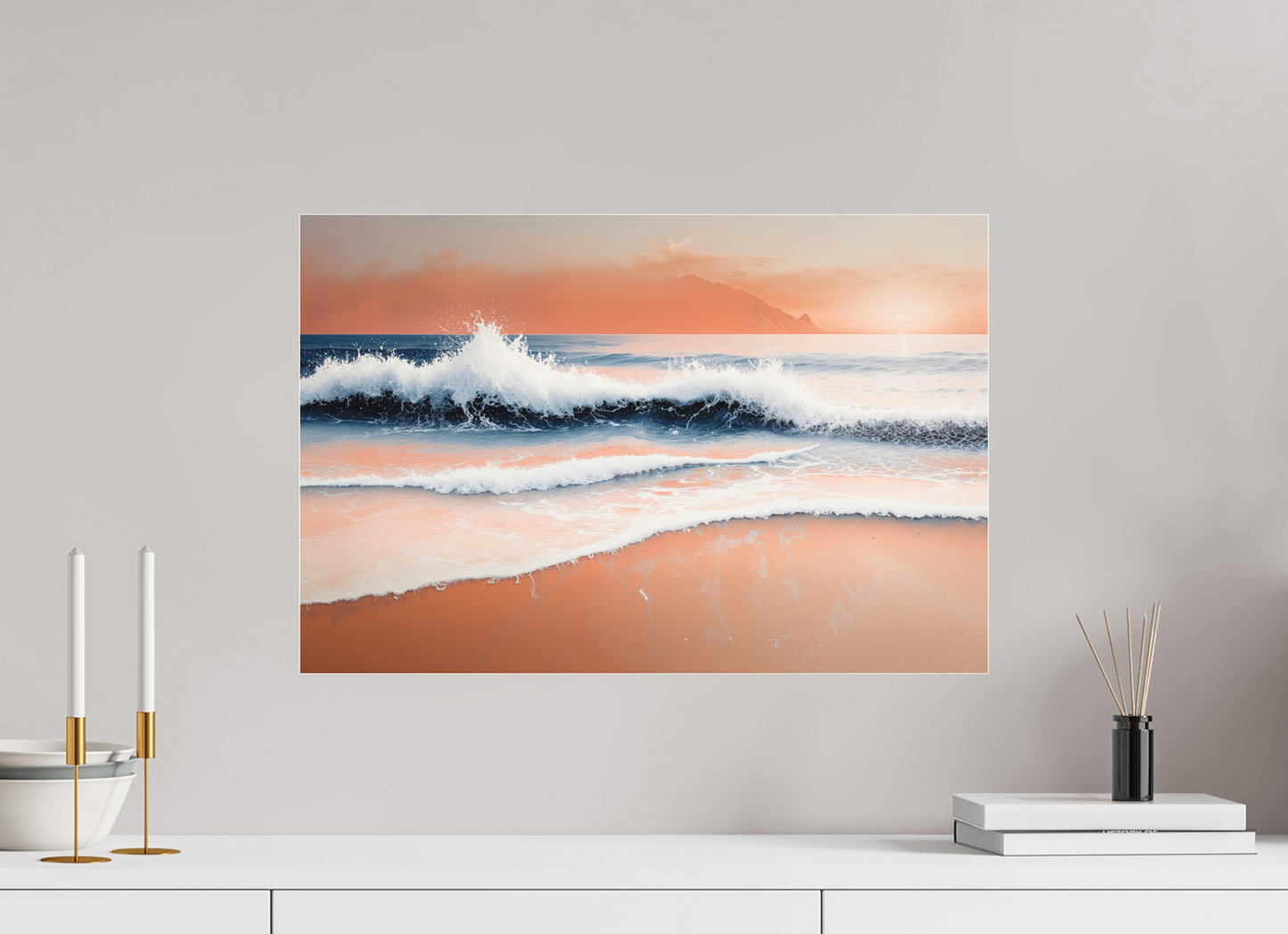 60 x 40 cm, Fine Art Pigmentdruck hinter Acrylglas Brandung in Pastell—Wandkunst, Fine Art Print, Leinwand, Acryldruck, Alu-Dibond