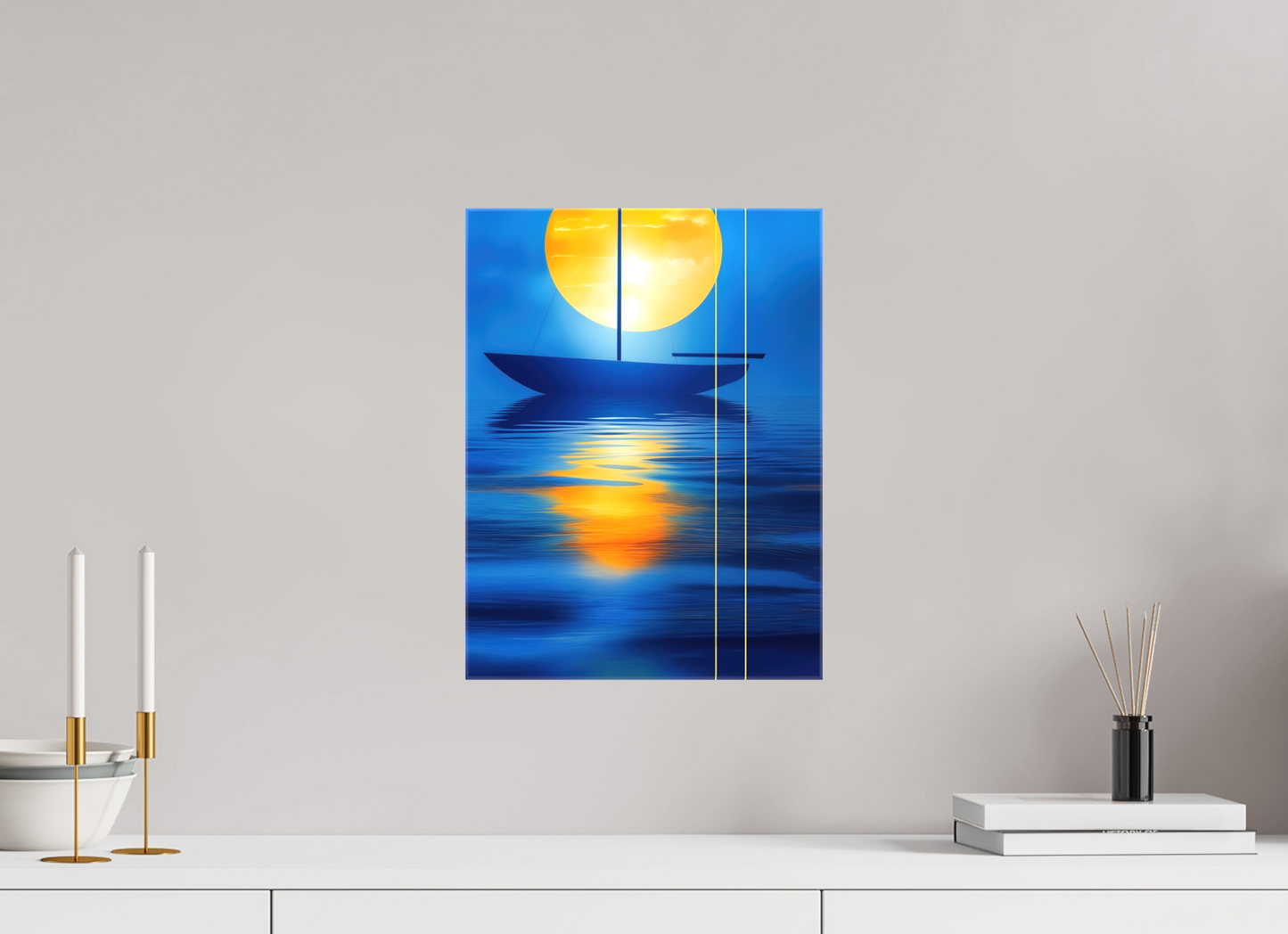 30 x 40 cm, Leinwand glänzend Segel im goldenen Kreis—Wandkunst, Fine Art Print, Leinwand, Acryldruck, Alu-Dibond