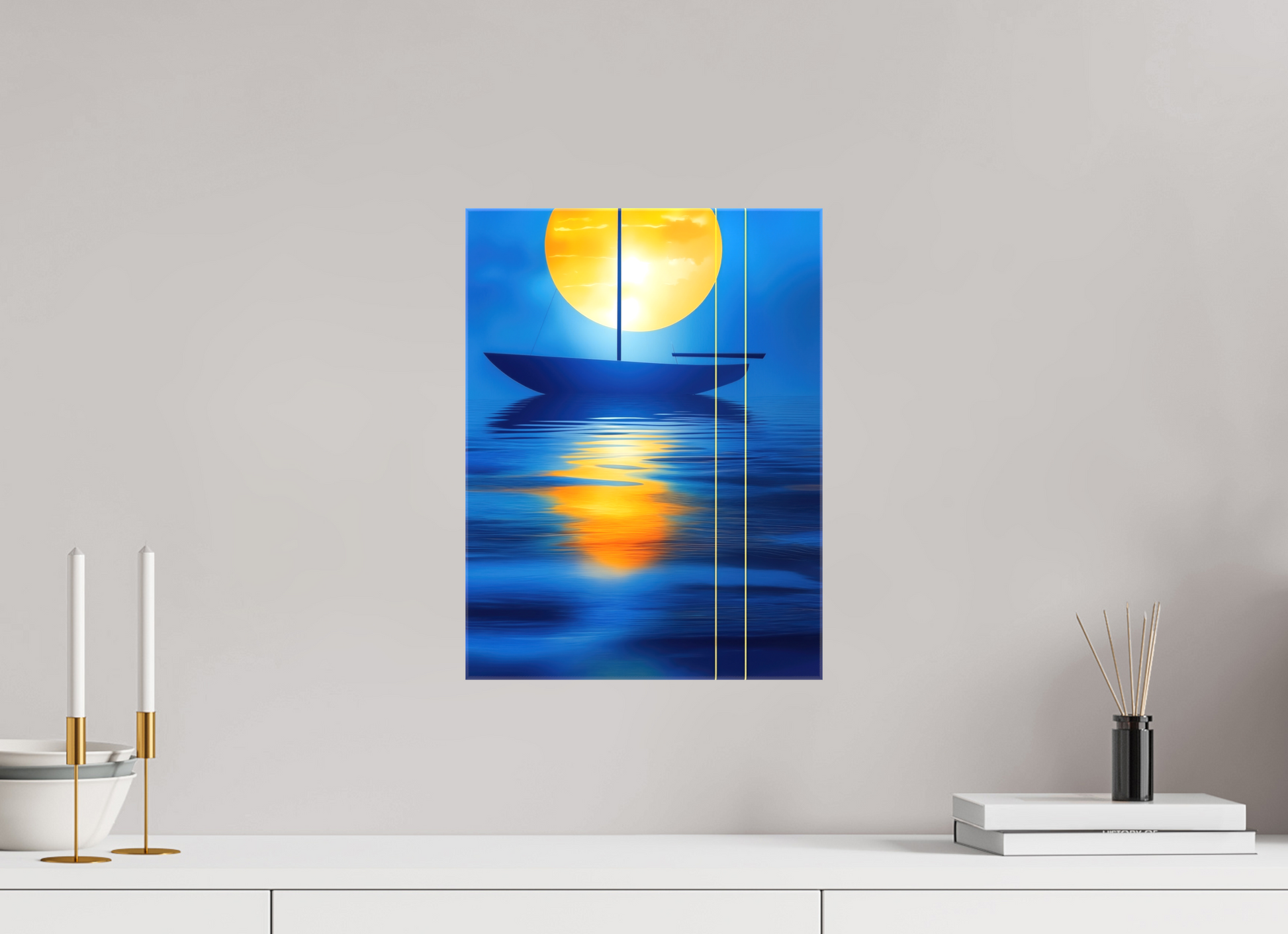 30 x 40 cm, Leinwand glänzend Segel im goldenen Kreis—Wandkunst, Fine Art Print, Leinwand, Acryldruck, Alu-Dibond