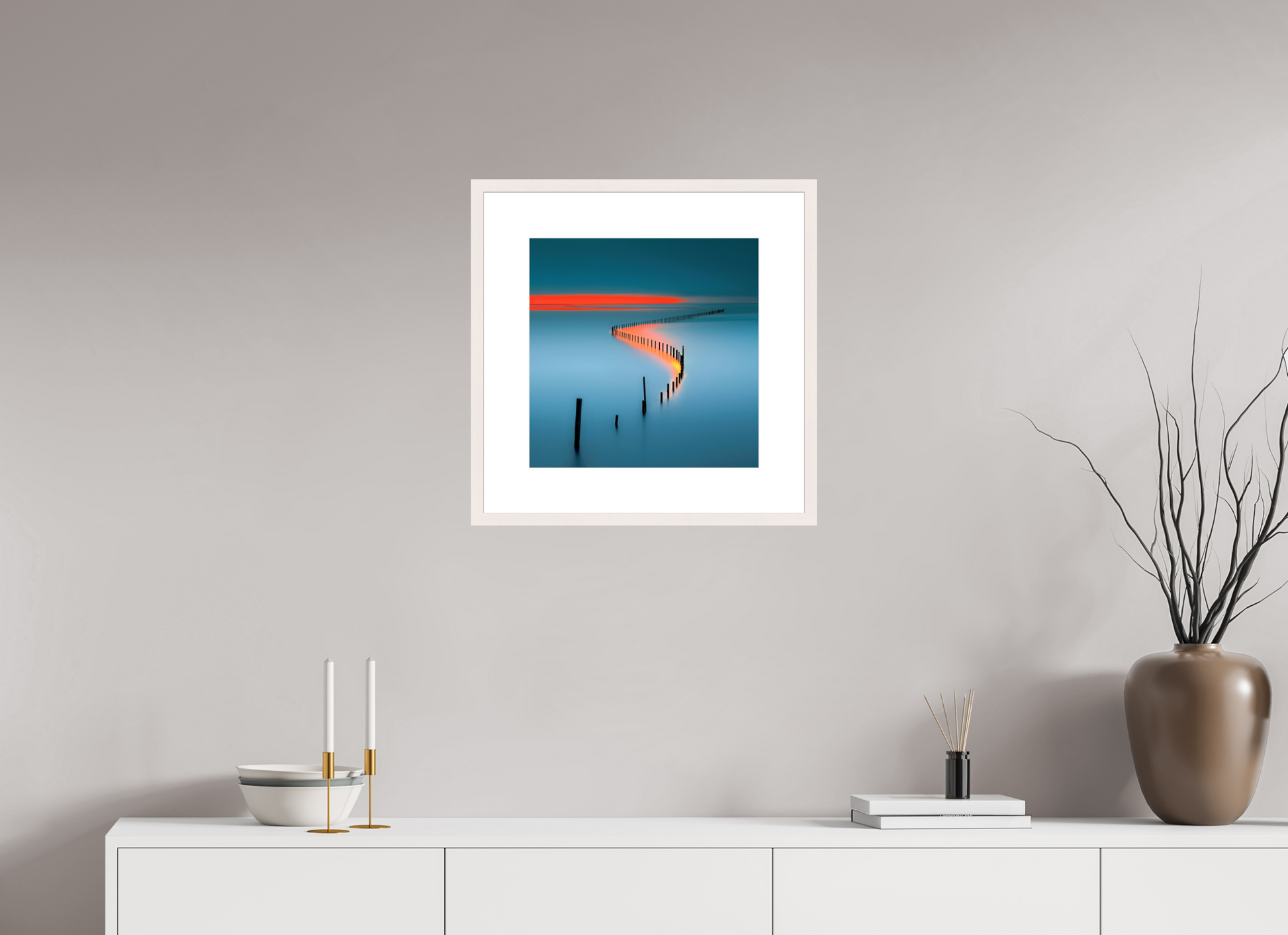 40 x 40 cm, Fine Art Print gerahmt Lichtweg im Watt