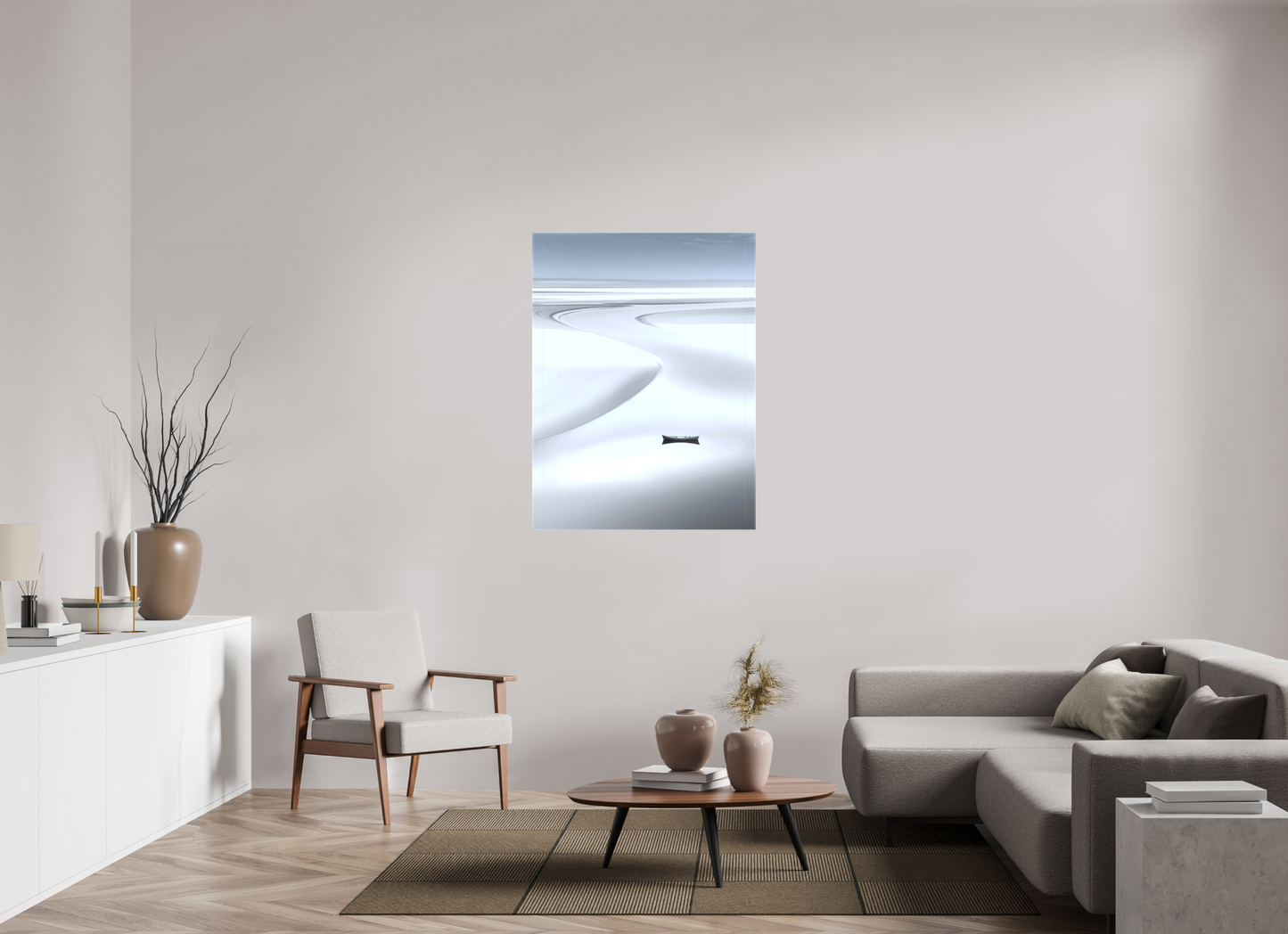90 x 120 cm, Leinwand glänzend Boot im Wattenmeer