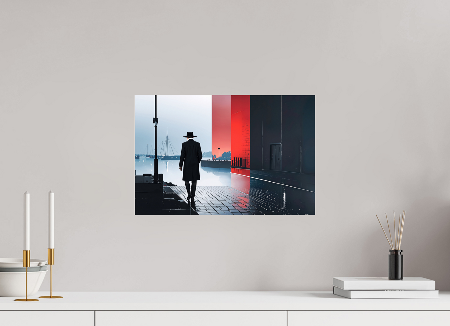 45 x 30 cm, Acrylglas glänzend standard Mann in Hafenstadt -noir city- 01