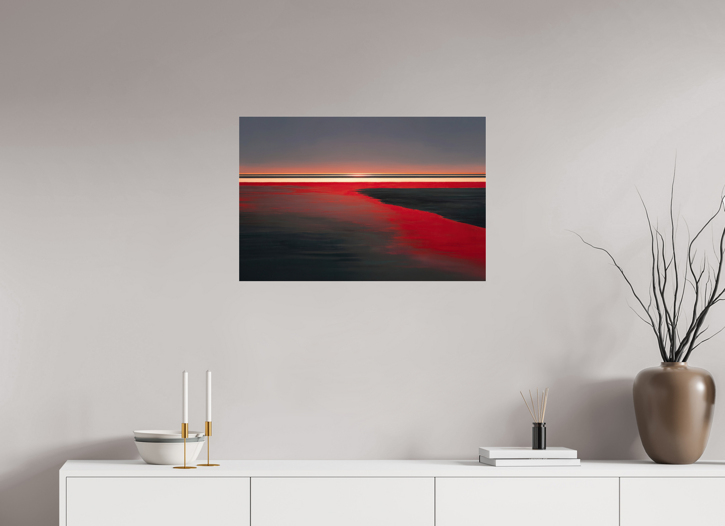 75 x 50 cm, Acrylglas glänzend standard Roter Spiegel des Watts, Abstraktes, surreales Wandbild zeigt die Magie des Wattenmeeres