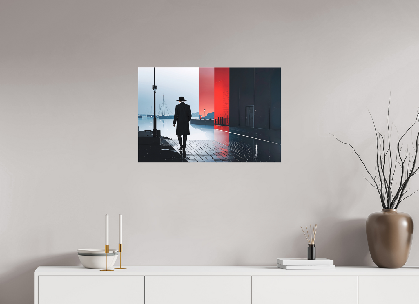 75 x 50 cm, Fine Art Pigmentdruck hinter Acrylglas Mann in Hafenstadt -noir city- 01