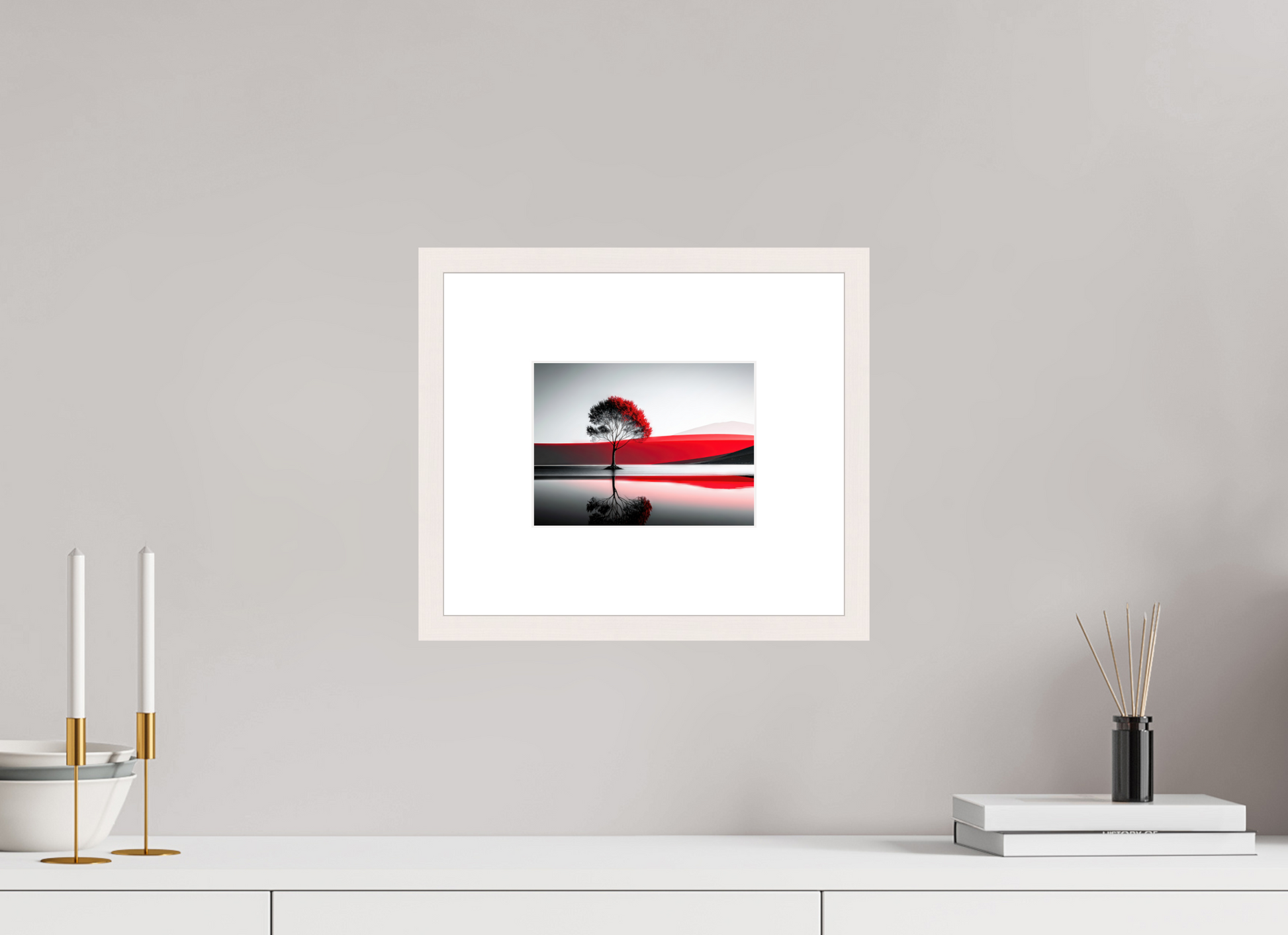 20 x 15 cm, Fine Art Print gerahmt Baum am Ufer surreal-01—Wandkunst, Fine Art Print, Leinwand, Acryldruck, Alu-Dibond