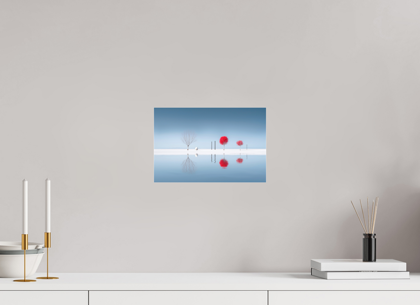 30 x 20 cm, Fine Art Pigmentdruck hinter Acrylglas Rote Stille am Ufer
