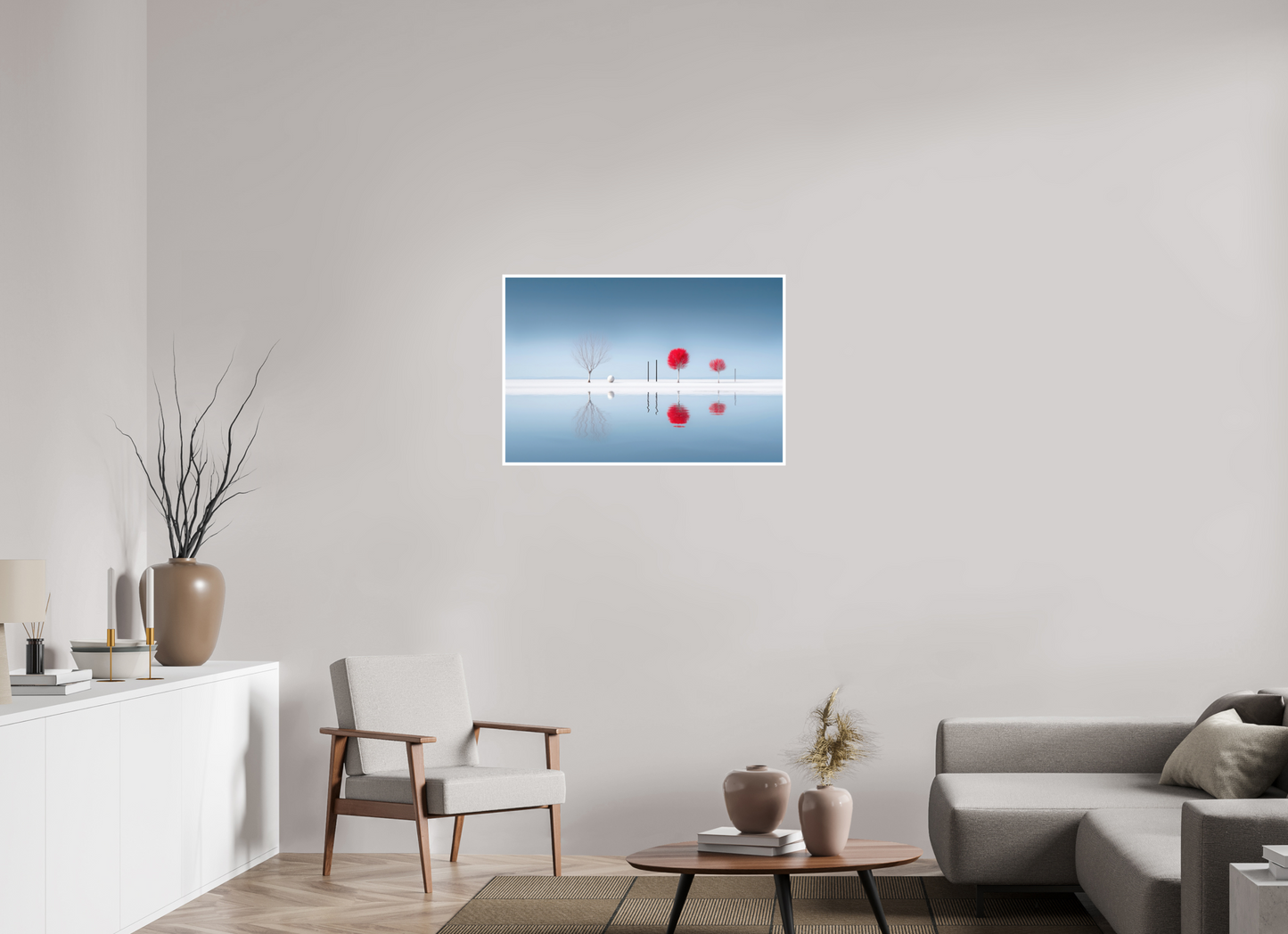 90 x 60 cm, Fine Art Print Hahnemühle Baryta Rote Stille am Ufer—Wandkunst, Fine Art Print, Leinwand, Acryldruck, Alu-Dibond