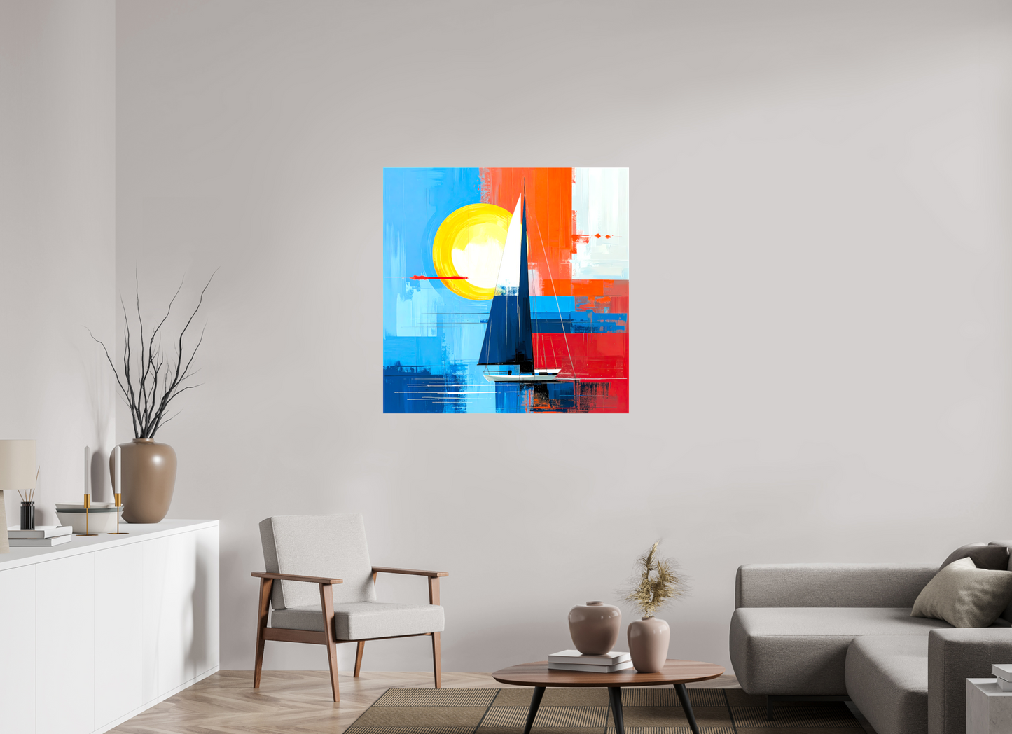 100 x 100 cm, Leinwand glänzend Segelboot-Kunst – Licht, Farbe und Bewegung—Wandkunst, Fine Art Print, Leinwand, Acryldruck, Alu-Dibond