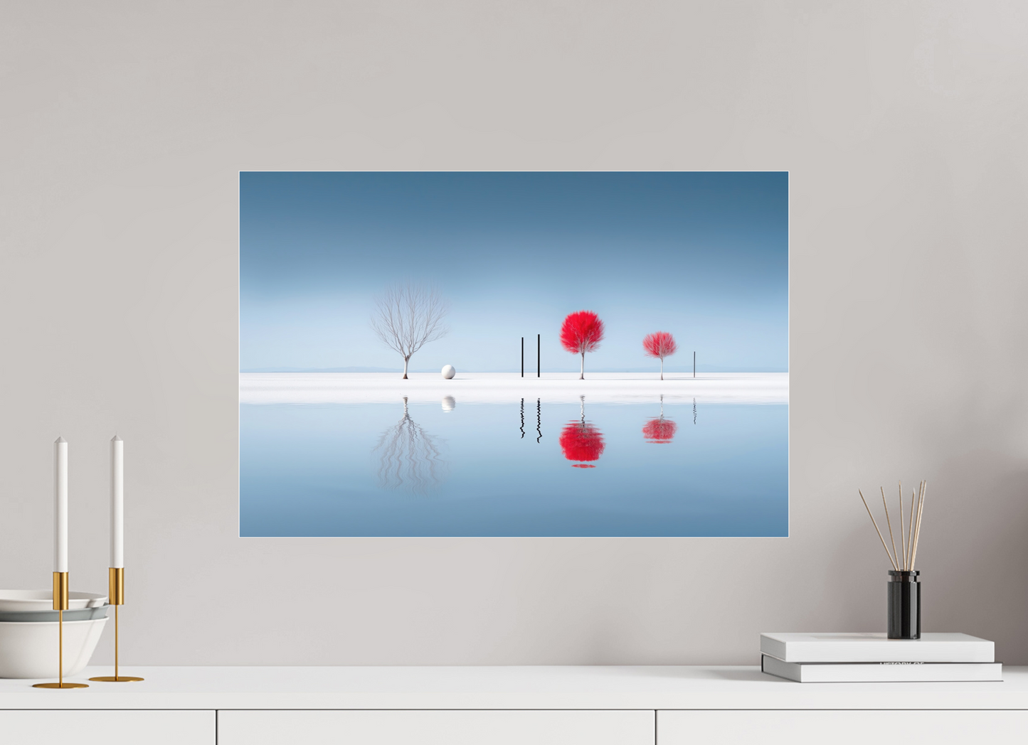 60 x 40 cm, Acrylglas glänzend standard Rote Stille am Ufer—Wandkunst, Fine Art Print, Leinwand, Acryldruck, Alu-Dibond
