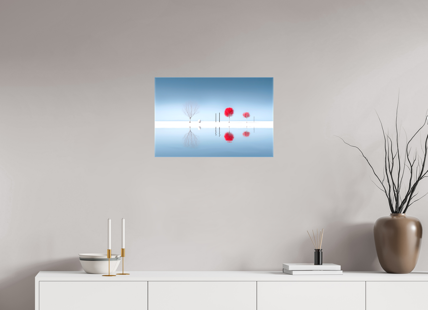 60 x 40 cm, Leinwand glänzend Rote Stille am Ufer—Wandkunst, Fine Art Print, Leinwand, Acryldruck, Alu-Dibond