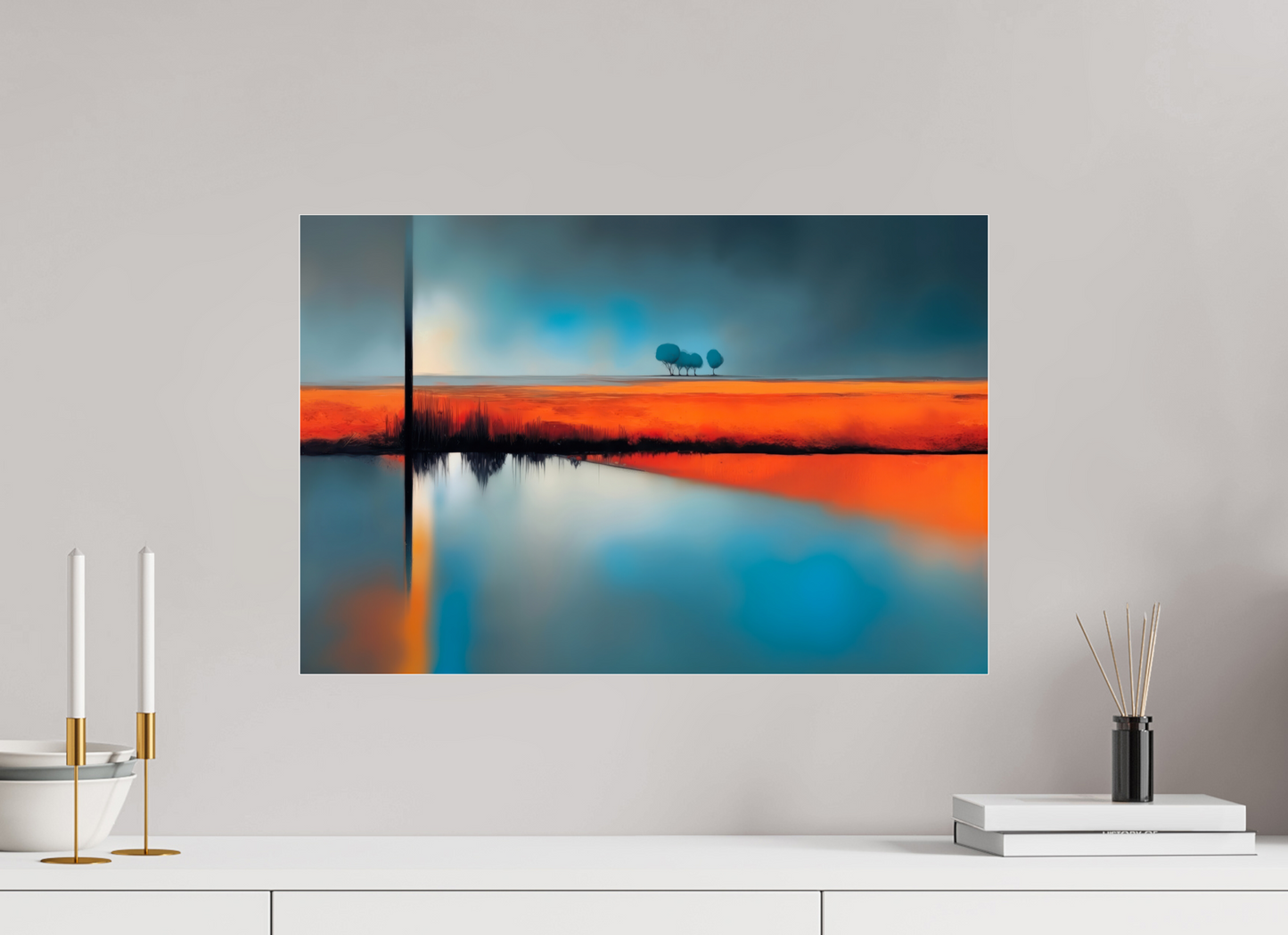 60 x 40 cm, Acrylglas glänzend standard Blauer Halt am roten Ufer—Wandkunst, Fine Art Print, Leinwand, Acryldruck, Alu-Dibond