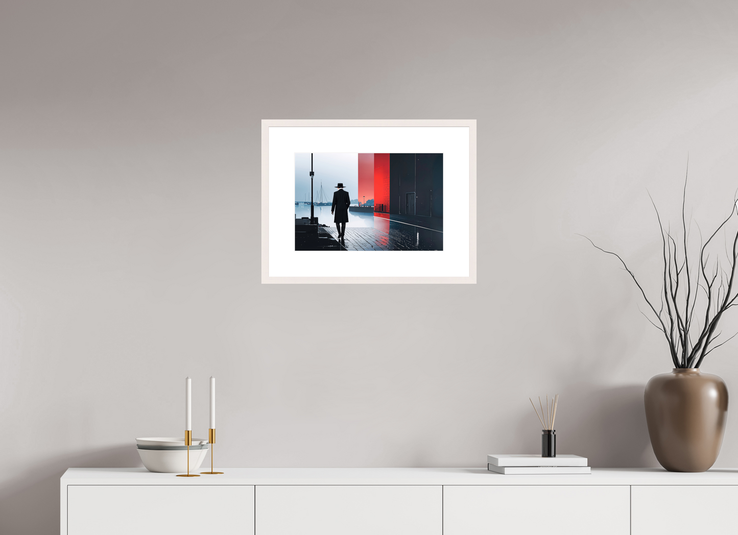 45 x 30 cm, Fine Art Print gerahmt Mann in Hafenstadt -noir city- 01