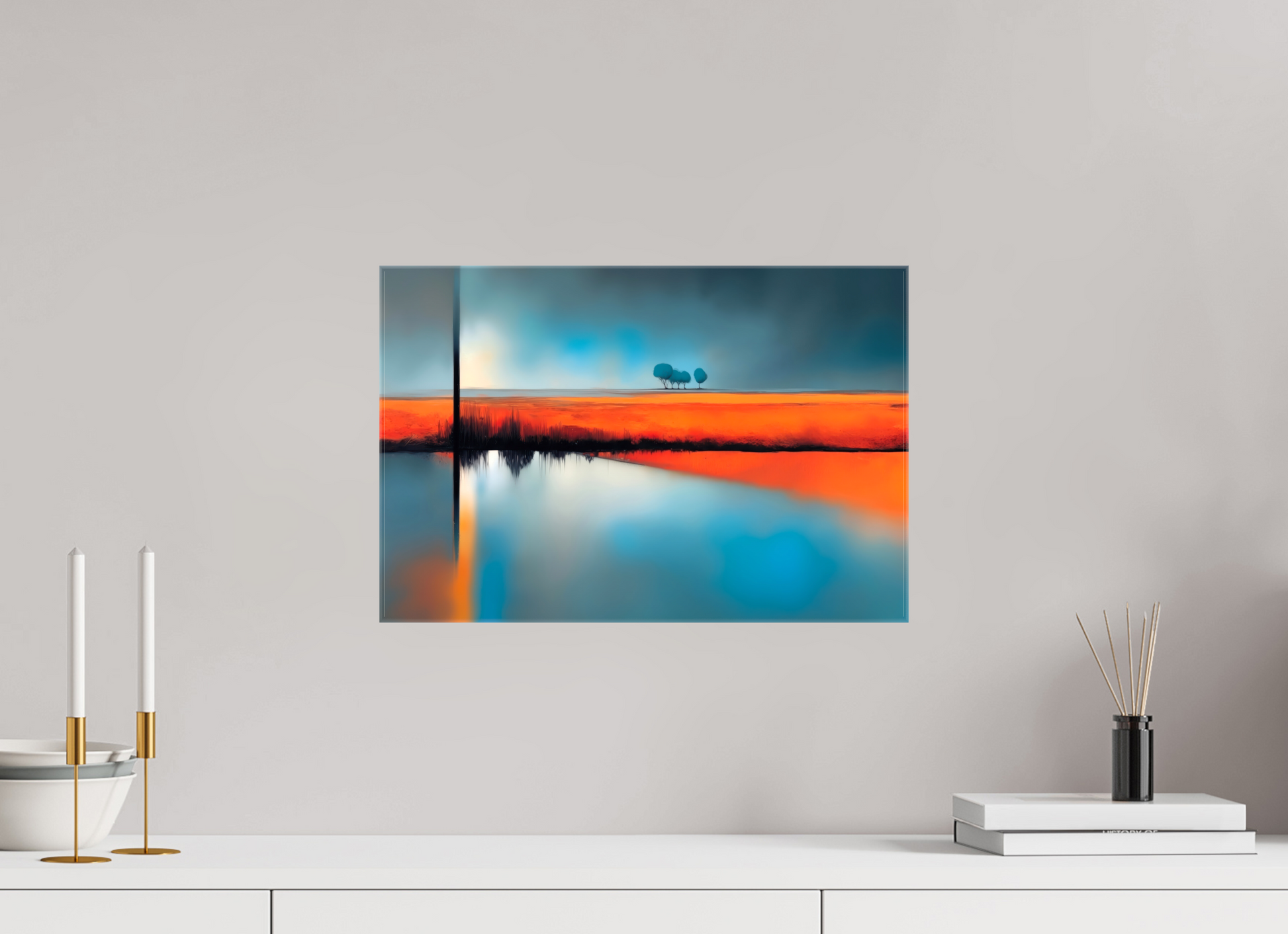 45 x 30 cm, Leinwand glänzend Blauer Halt am roten Ufer—Wandkunst, Fine Art Print, Leinwand, Acryldruck, Alu-Dibond
