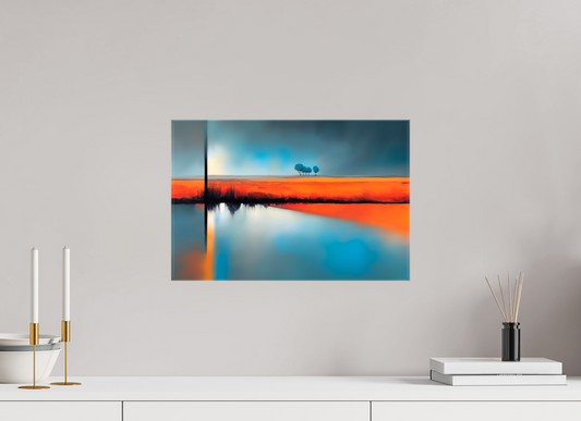 45 x 30 cm, Leinwand glänzend Blauer Halt am roten Ufer—Wandkunst, Fine Art Print, Leinwand, Acryldruck, Alu-Dibond