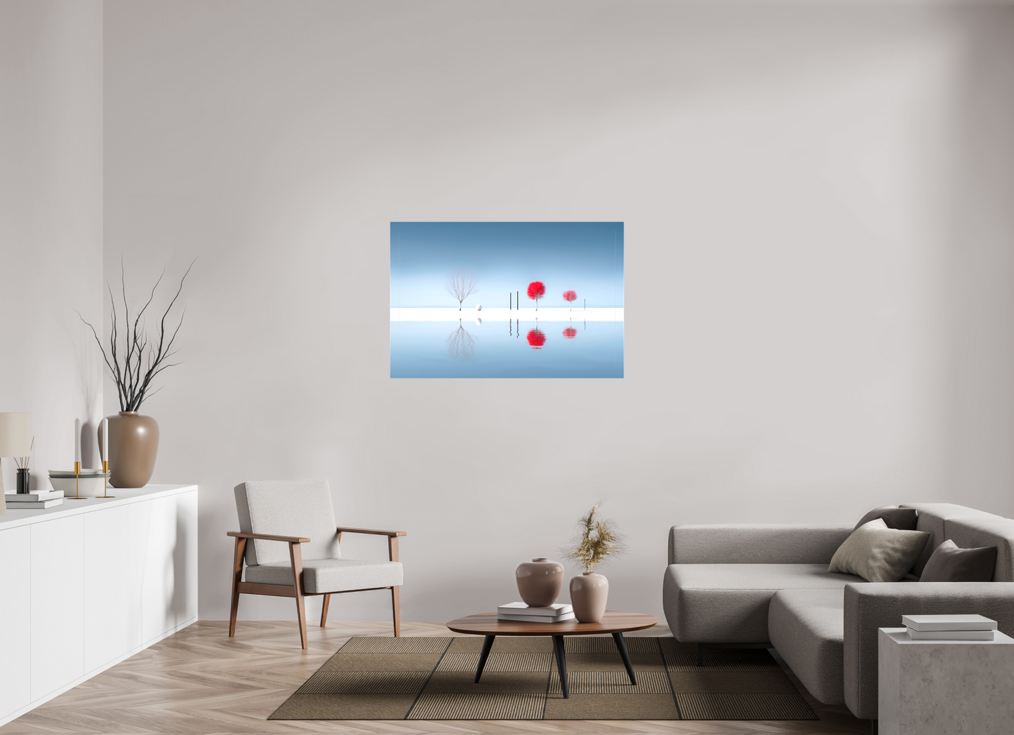 120 x 80 cm, Leinwand glänzend Rote Stille am Ufer—Wandkunst, Fine Art Print, Leinwand, Acryldruck, Alu-Dibond