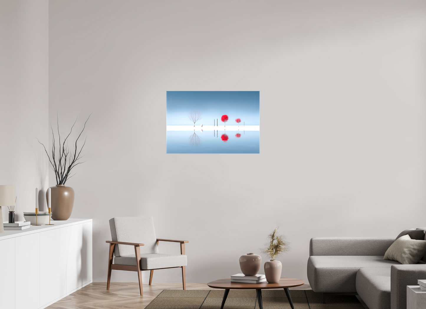 90 x 60 cm, Leinwand glänzend Rote Stille am Ufer—Wandkunst, Fine Art Print, Leinwand, Acryldruck, Alu-Dibond