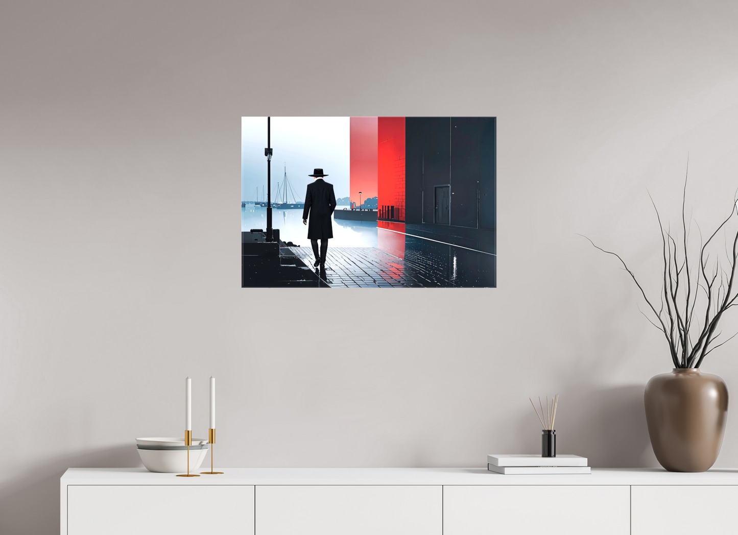 75 x 50 cm, Leinwand glänzend Mann in Hafenstadt -noir city- 01