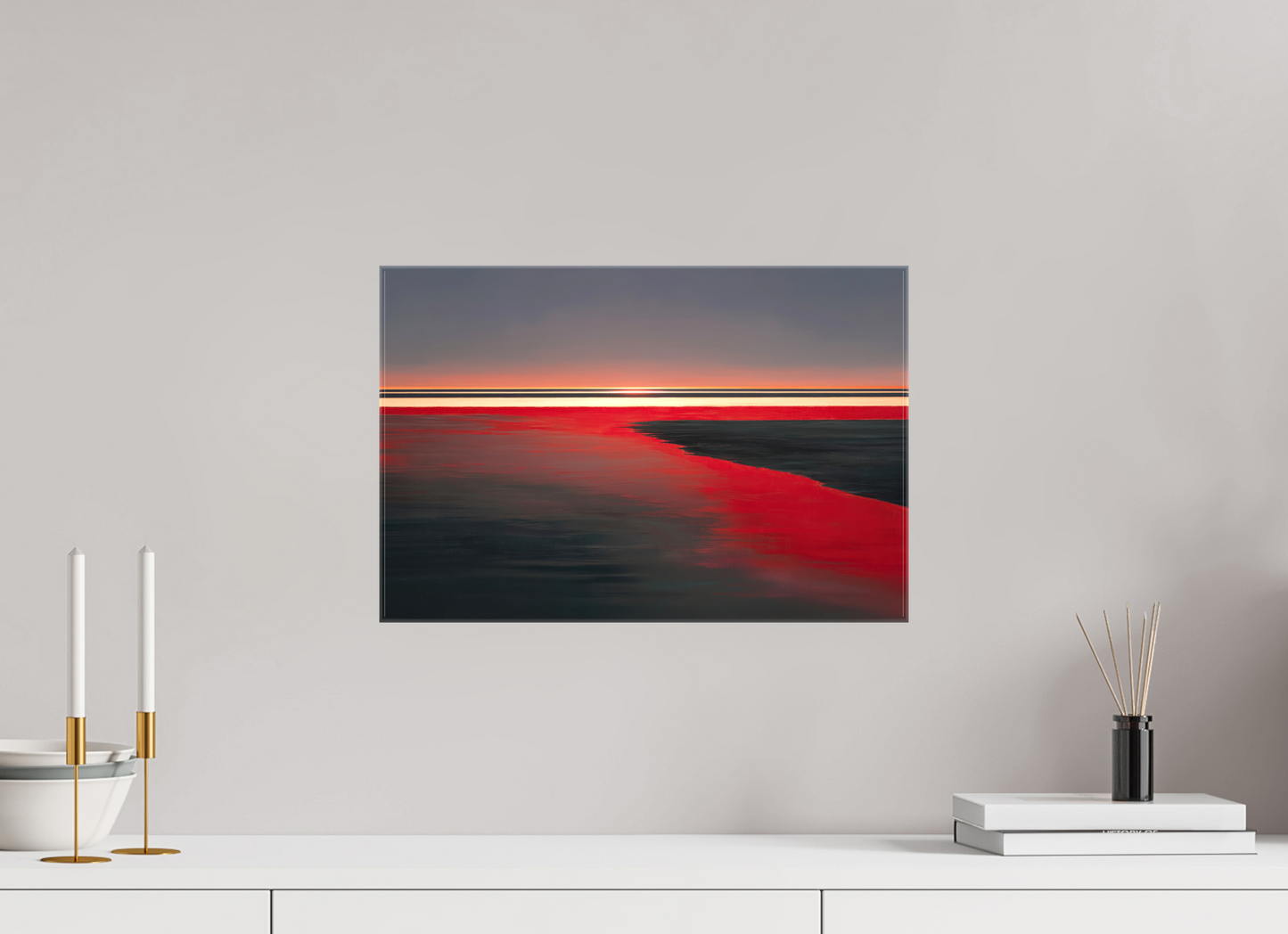 45 x 30 cm, Leinwand glänzend Roter Spiegel des Watts, Abstraktes, surreales Wandbild zeigt die Magie des Wattenmeeres