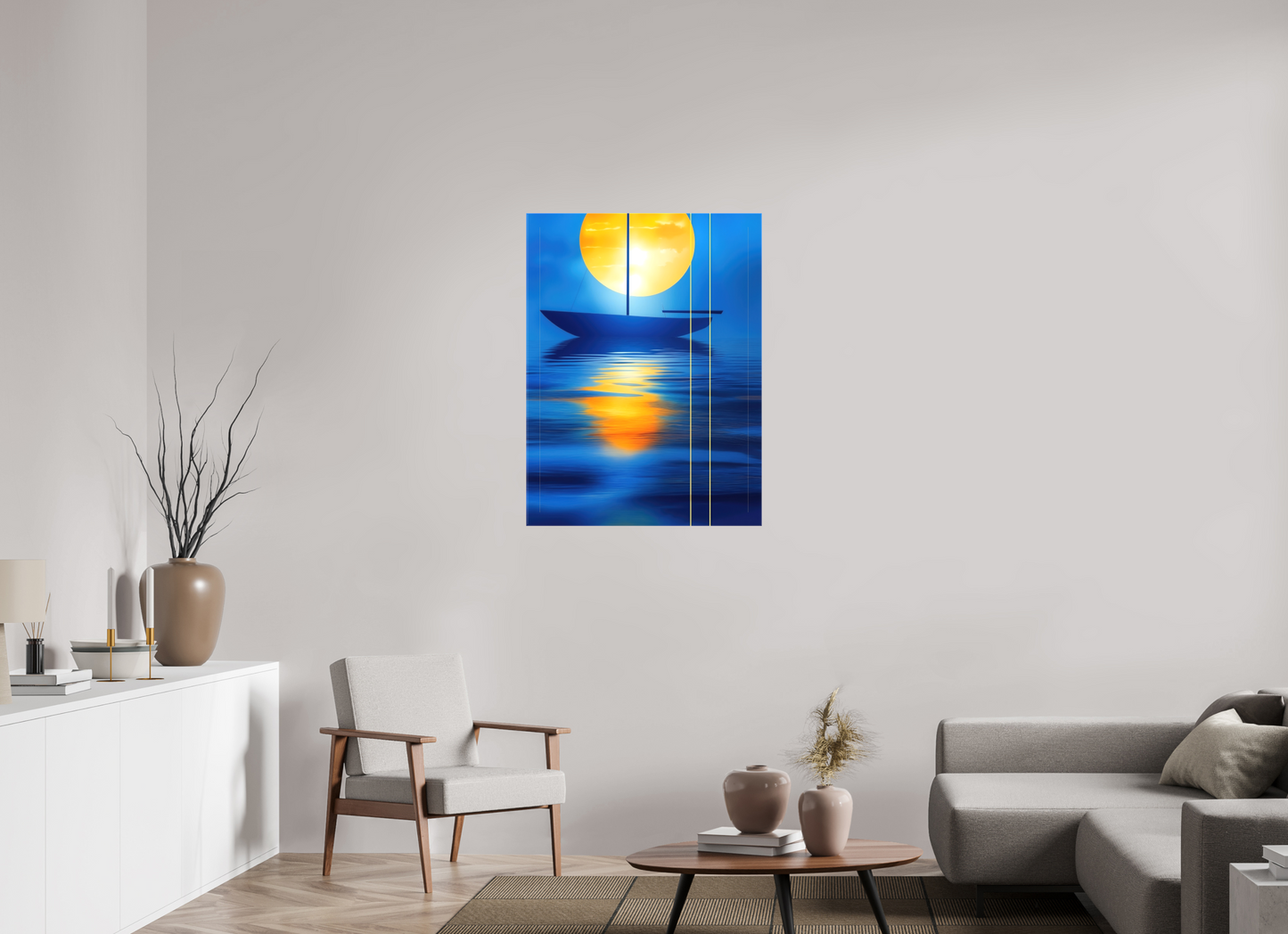 75 x 100 cm, Leinwand glänzend Segel im goldenen Kreis—Wandkunst, Fine Art Print, Leinwand, Acryldruck, Alu-Dibond