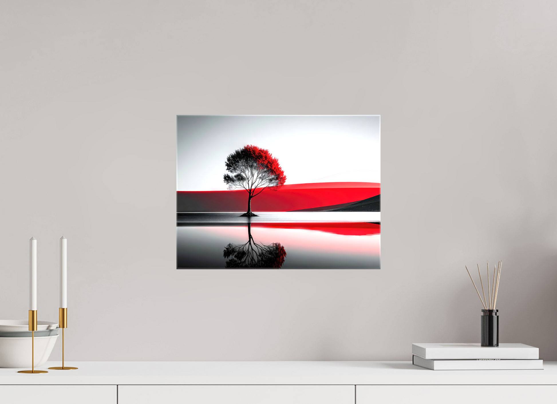 40 x 30 cm, Leinwand glänzend Baum am Ufer surreal-01—Wandkunst, Fine Art Print, Leinwand, Acryldruck, Alu-Dibond