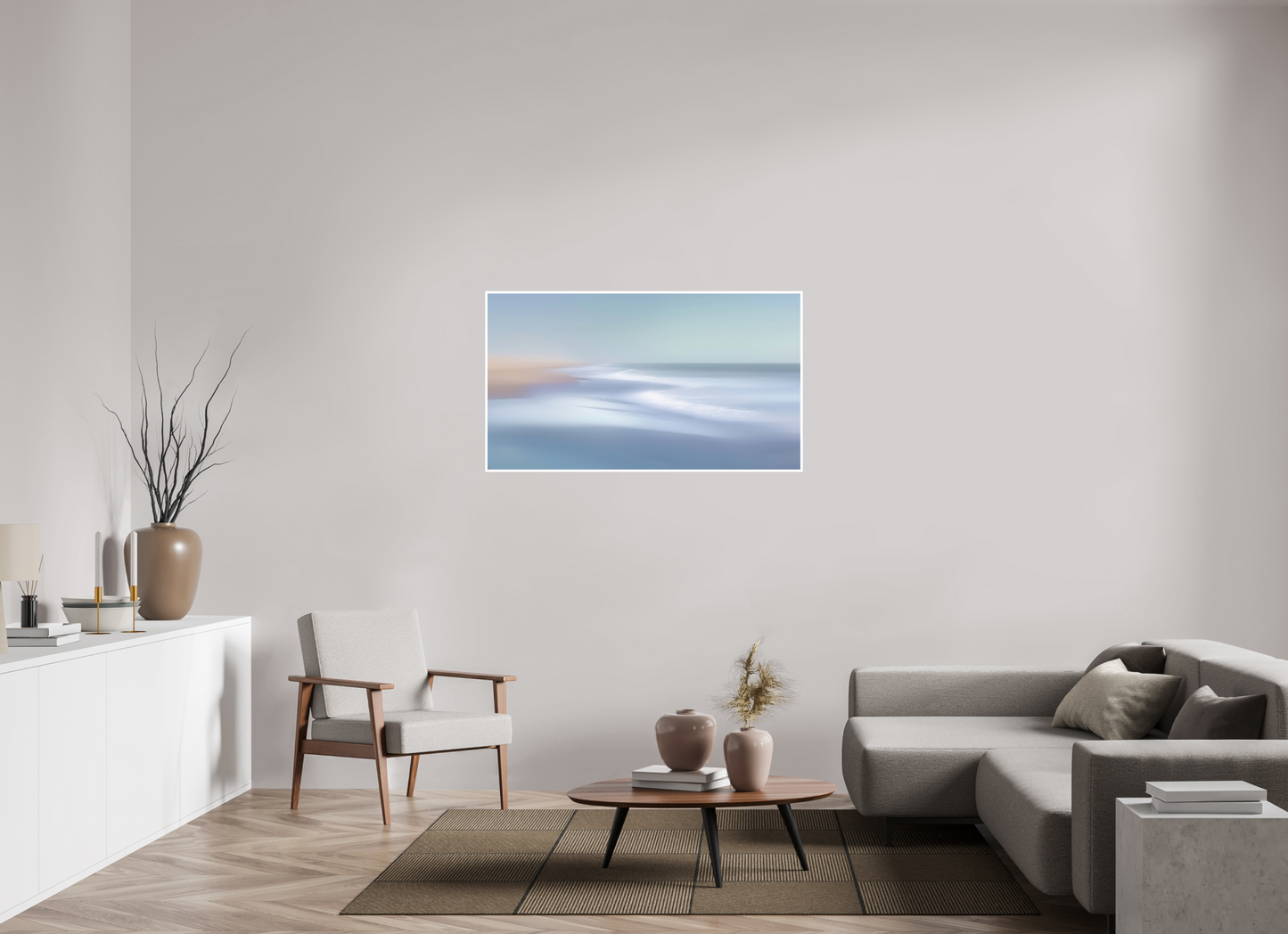 128 x 72 cm, Fine Art Print Hahnemühle Baryta Verwehter Horizont – Strandlicht in Blau—Wandkunst, Fine Art Print, Leinwand, Acryldruck, Alu-Dibond