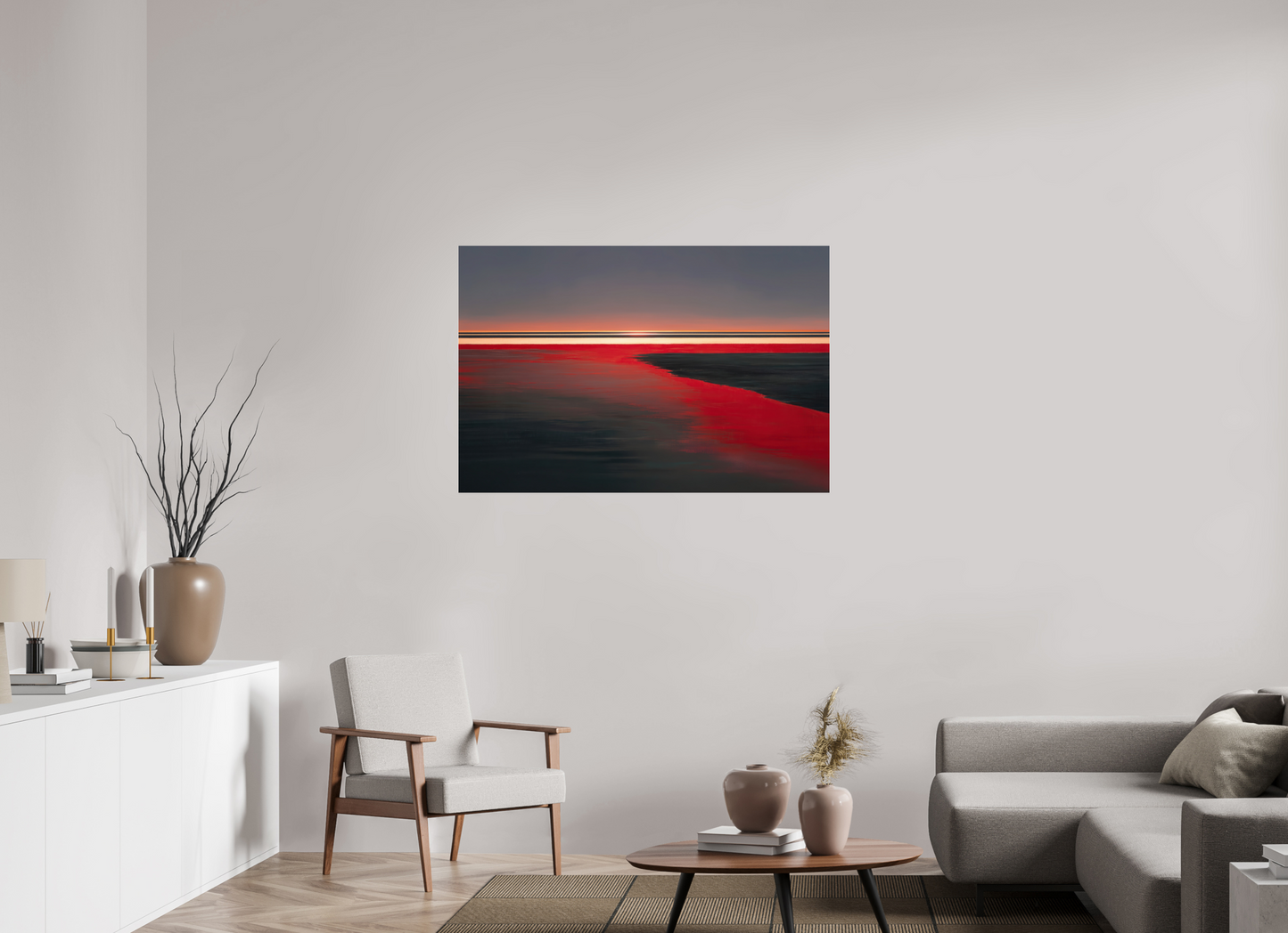 120 x 80 cm, Acrylglas glänzend standard Roter Spiegel des Watts, Abstraktes, surreales Wandbild zeigt die Magie des Wattenmeeres