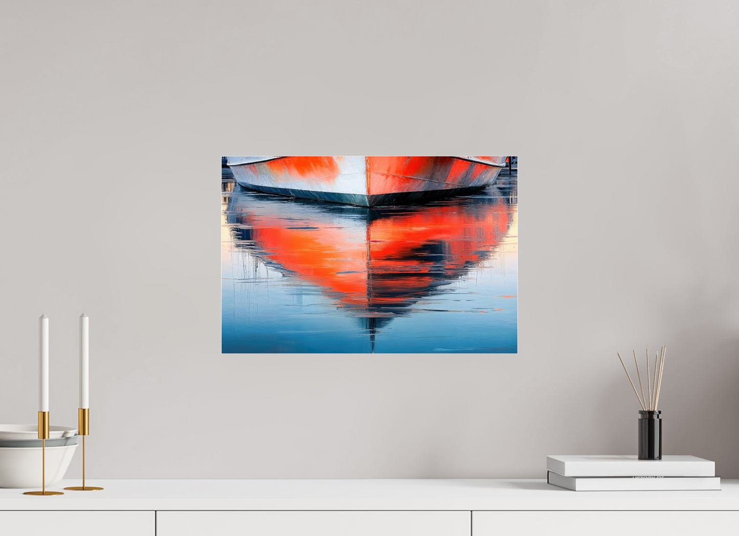 45 x 30 cm, Acrylglas glänzend standard Wasserspiegelung Bootsrumpf-01—Wandkunst, Fine Art Print, Leinwand, Acryldruck, Alu-Dibond
