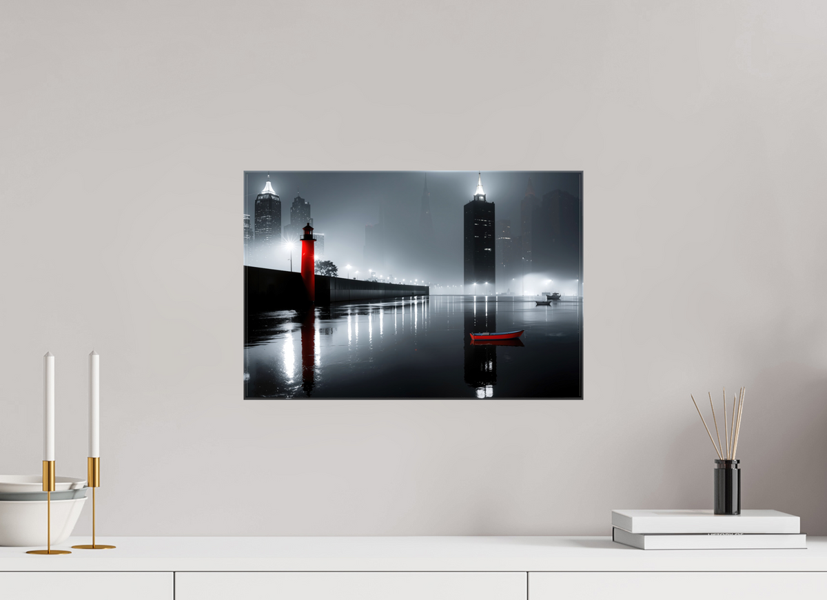 45 x 30 cm, Leinwand glänzend Hafenstadt bei Nacht -noir city- 01—Wandkunst, Fine Art Print, Leinwand, Acryldruck, Alu-Dibond