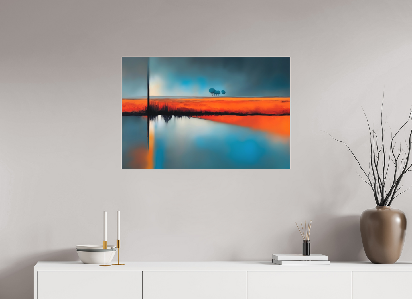 90 x 60 cm, Fine Art Pigmentdruck hinter Acrylglas Blauer Halt am roten Ufer—Wandkunst, Fine Art Print, Leinwand, Acryldruck, Alu-Dibond
