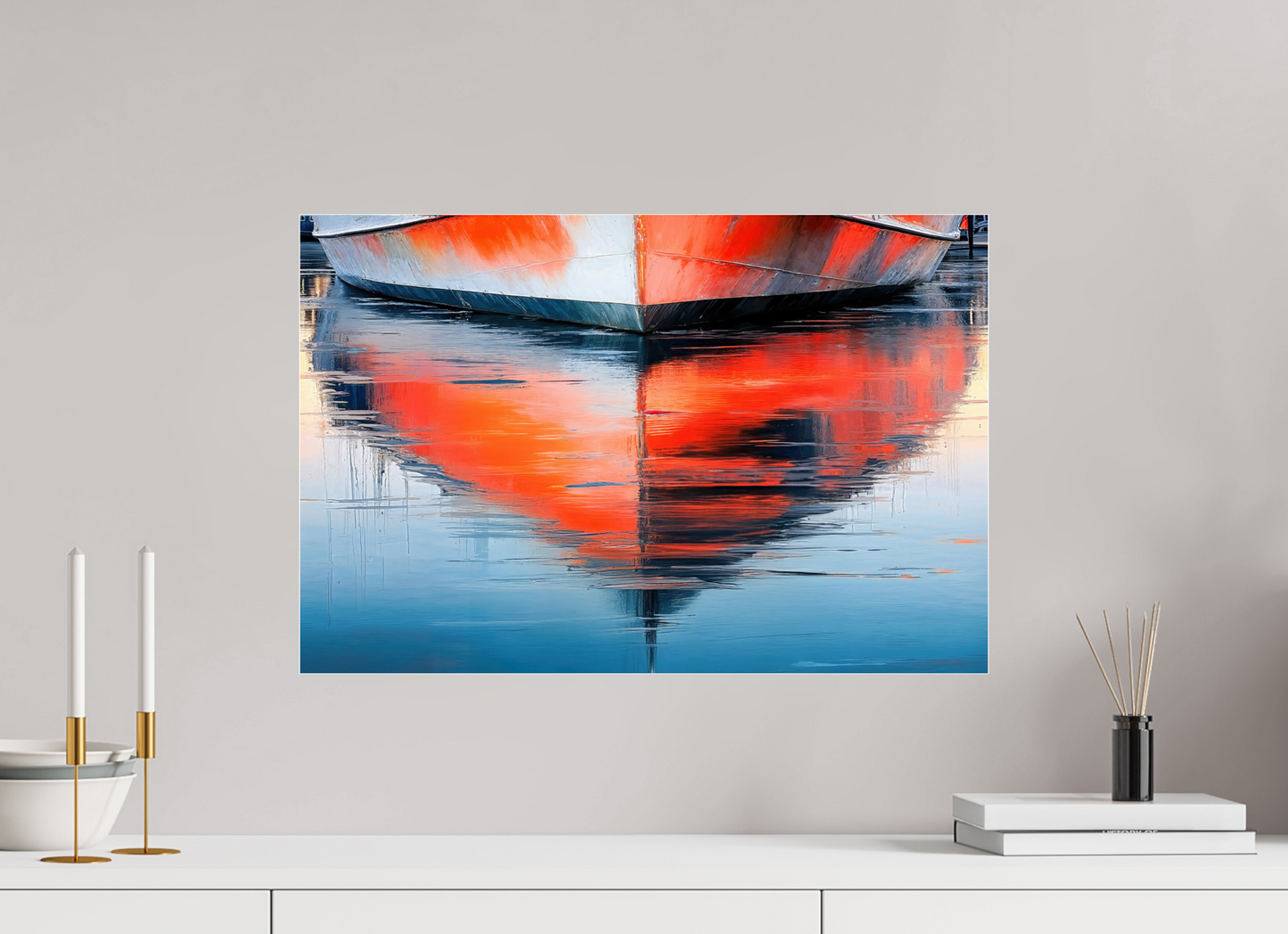 60 x 40 cm, Acrylglas glänzend standard Wasserspiegelung Bootsrumpf-01—Wandkunst, Fine Art Print, Leinwand, Acryldruck, Alu-Dibond