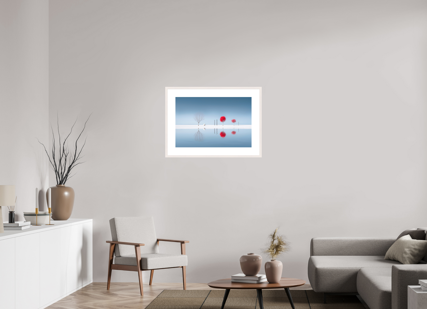 75 x 50 cm, Fine Art Print gerahmt Rote Stille am Ufer