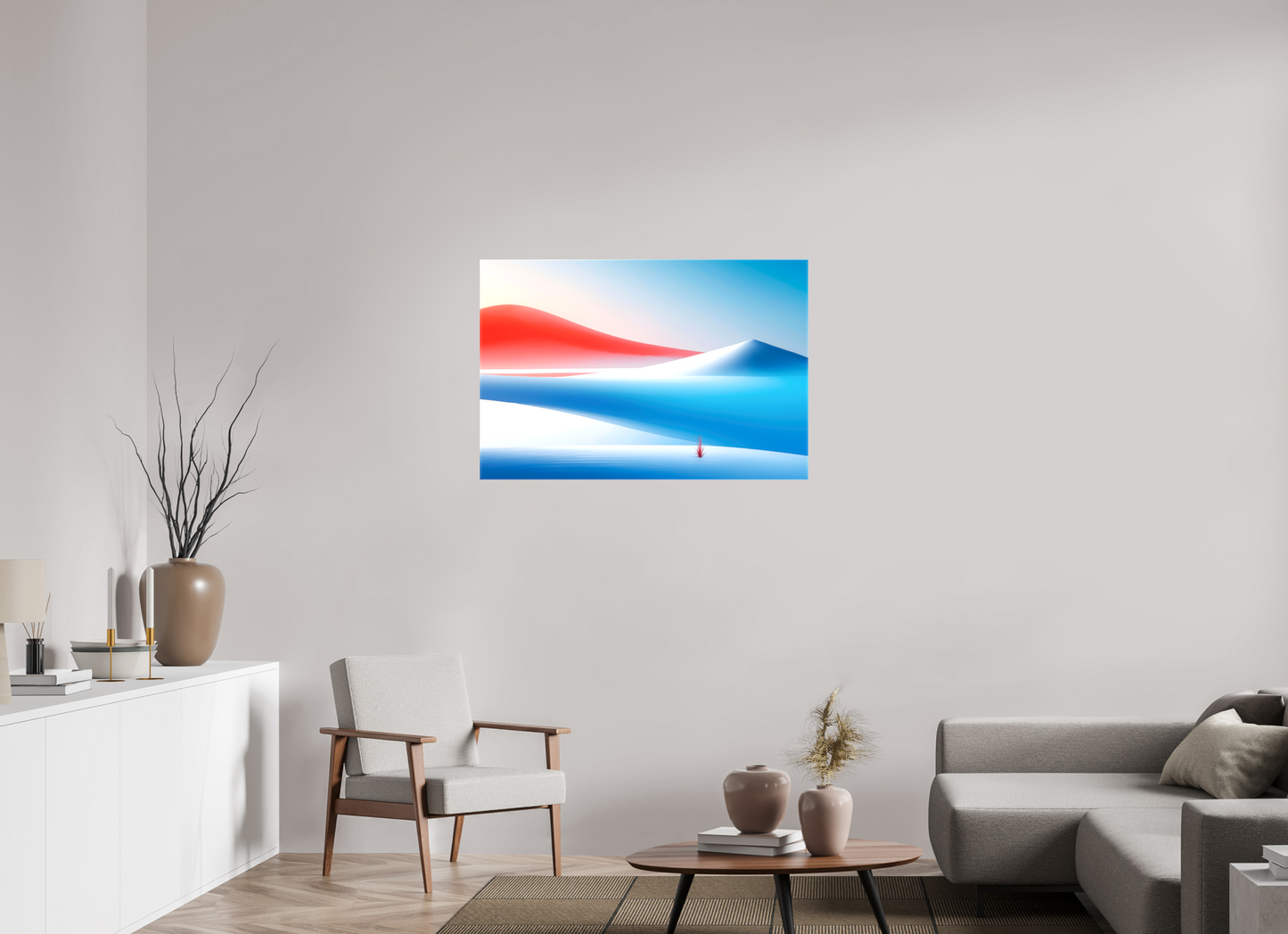 105 x 70 cm, Leinwand glänzend Rotes Leuchten, blaue Stille