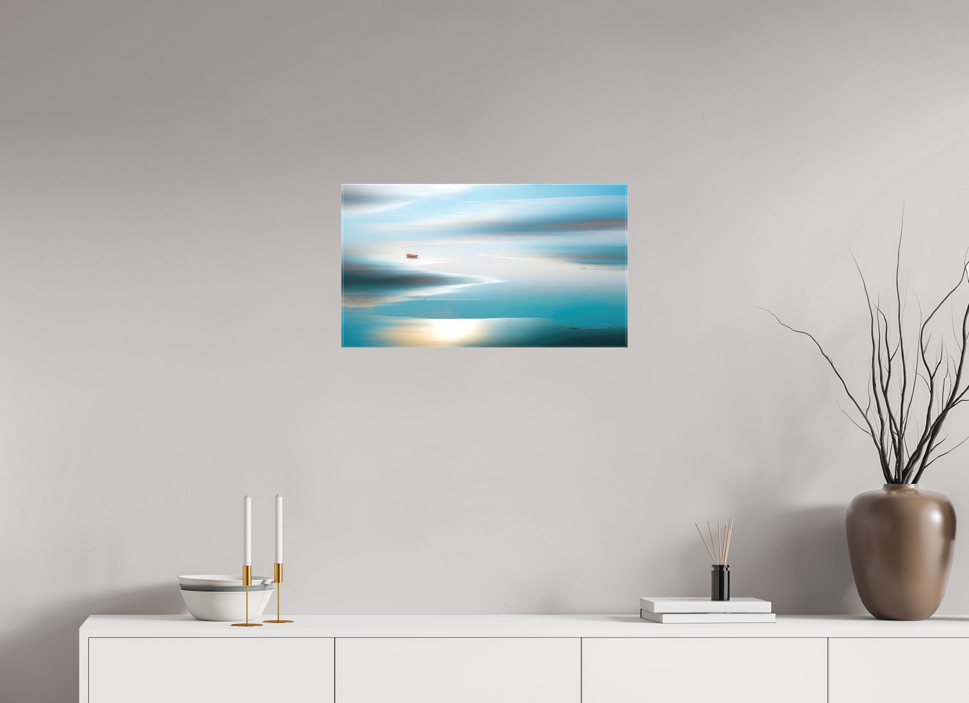 64 x 36 cm, Leinwand glänzend Boot im Wattenmeer-06—Wandkunst, Fine Art Print, Leinwand, Acryldruck, Alu-Dibond